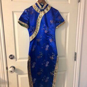 XXS Blue Chinese Traditional Cheongsam Qipao Dress Floral Embroidery Gold Trim